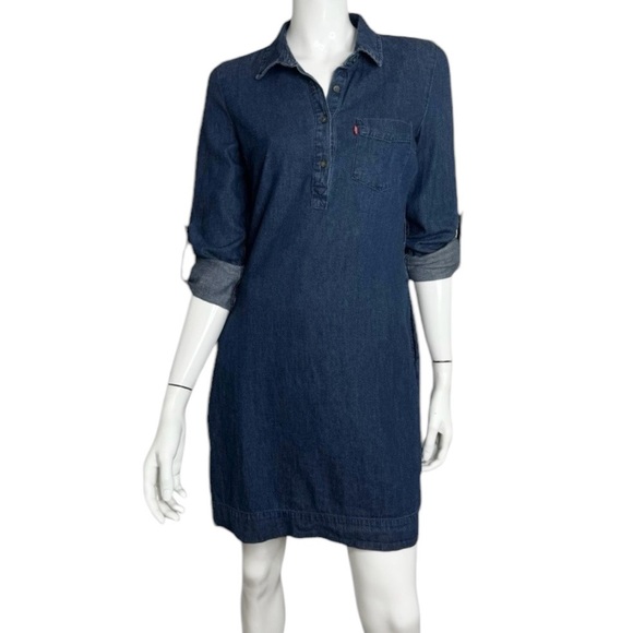 Levi’s Long Sleeve Blue Denim Jean Midi Shirt Dress - Picture 1 of 12